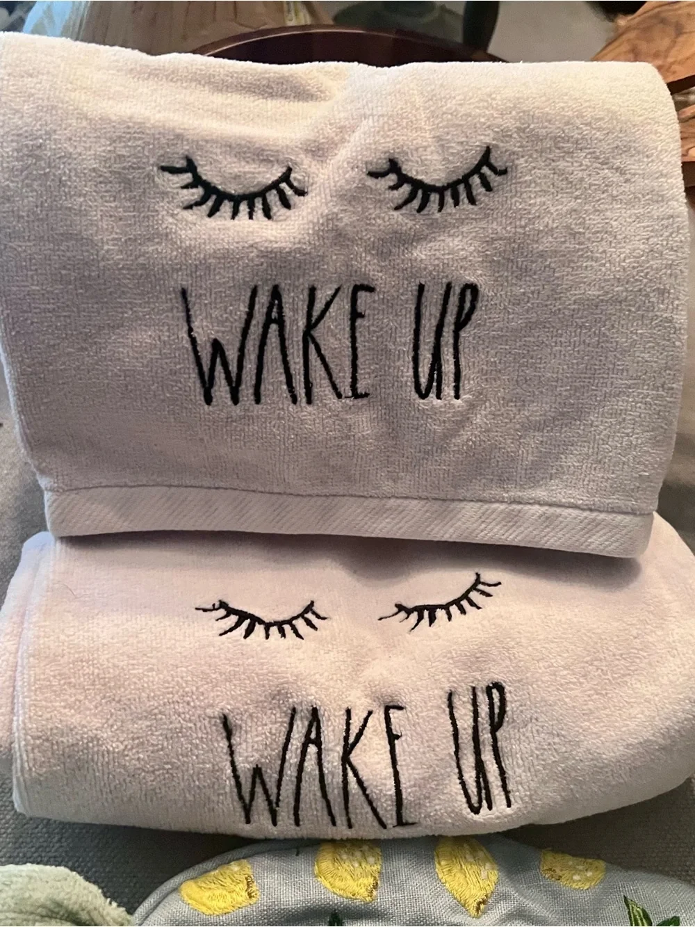 Anthro Lemon Eye Mask, Rae Dunn Towel Set, luxury soaps & set of 3 washcloths
